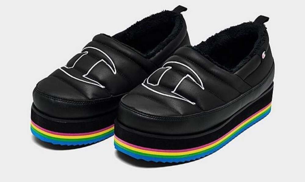 Champion Hot Stuff Women's Puffer Platform Slippers in Black with Rainbow Stripe